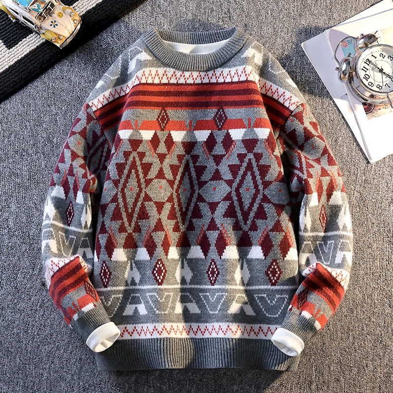 

Man Retro Ethnic Style Sweater Fashion Lazy Feel Jacquard Knit Pullover Winter Thickened Warm Casual Top Ethnic Style Sweater