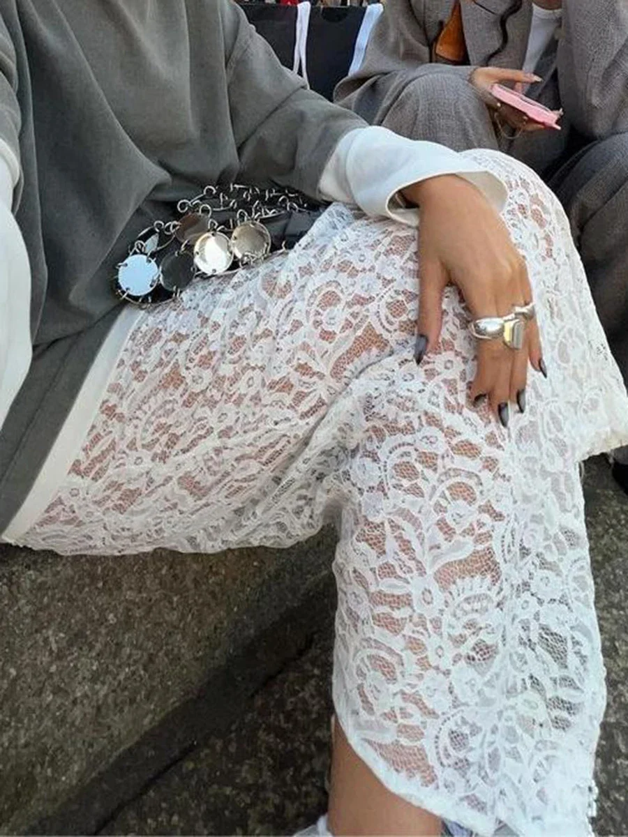 여성용 레이스 자카드 미디 스커트, 섹시한 하이 웨이트 화이트, 할로우 아웃, 투명 롱 스커트, 우아한 패션, 여름, 신상