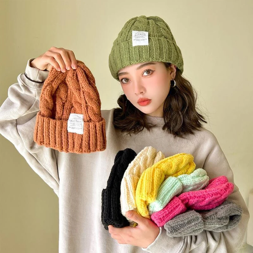 

Women Winter Hat Warm Beanie Hats Thicken Knit Head Cap Solid Color Wool Couple Cap Fashion Twist Female Bonnet Adult Cover