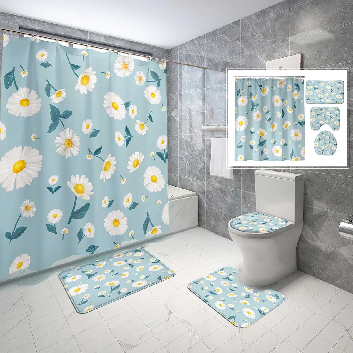 4 Sets Little Daisy Theme Shower Curtain Sets with Non-Slip Bath Mat,Toilet Cover,Farmhouse White Floral Shower Curtain Set