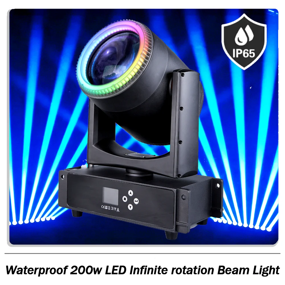 

200w LED RGB Waterproof Beam Infinite rotation Moving head light with ring focus Splicable effect 18 prisms 8 Gobos for DJ Disco