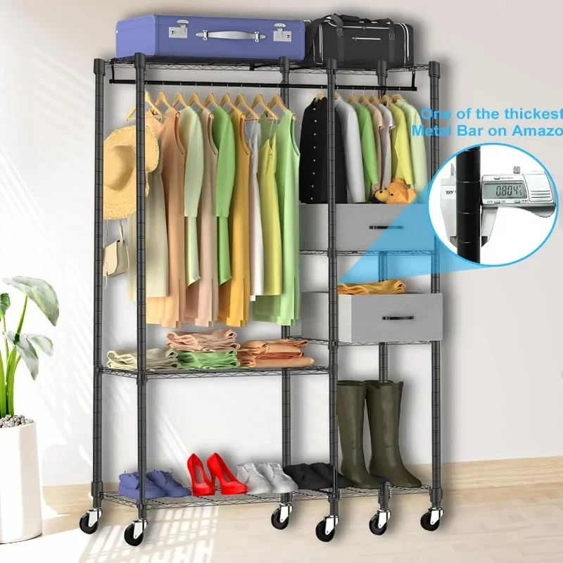 Heavy Duty Clothes Rack with Shelves, Garment Rack with Drawers, Clothing Racks with Wheels, Portable Clothing Storage Rack