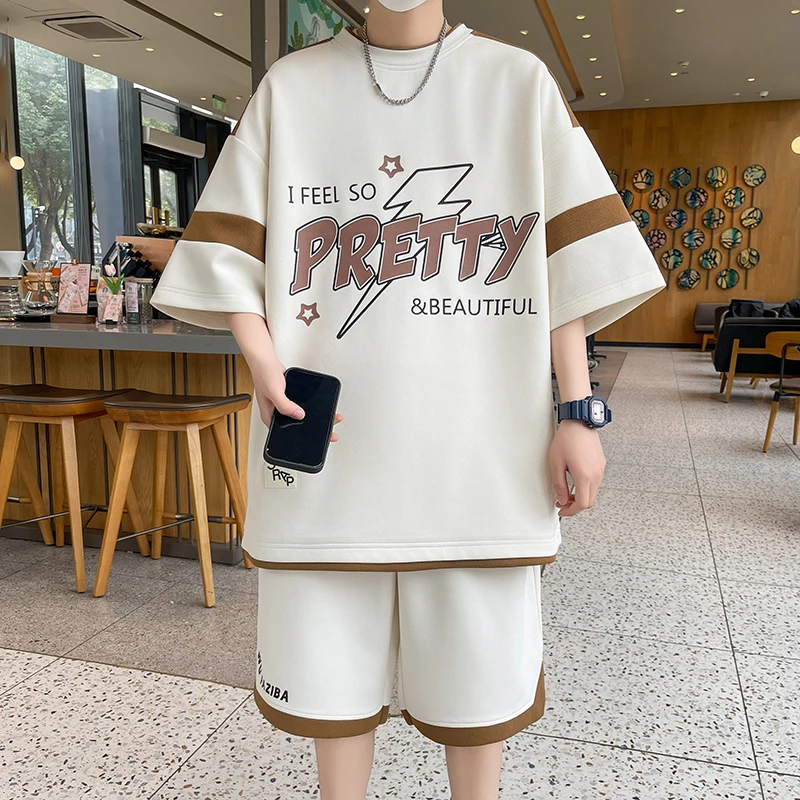 Casual 2024 Summer Loose T-Shirt And Shorts Men's Sets Sport Outwear Short Sleeve Top Tee & Knee-Length Pant Two-Piece Tracksuit