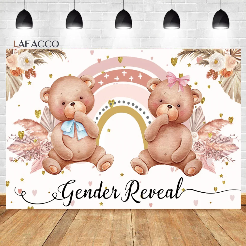 

Laeacco Bear Gender Reveal Baby Shower Party Backdrop Boy or Girl Blush Pink Floral Rainbow Kids Birthday Photography Background