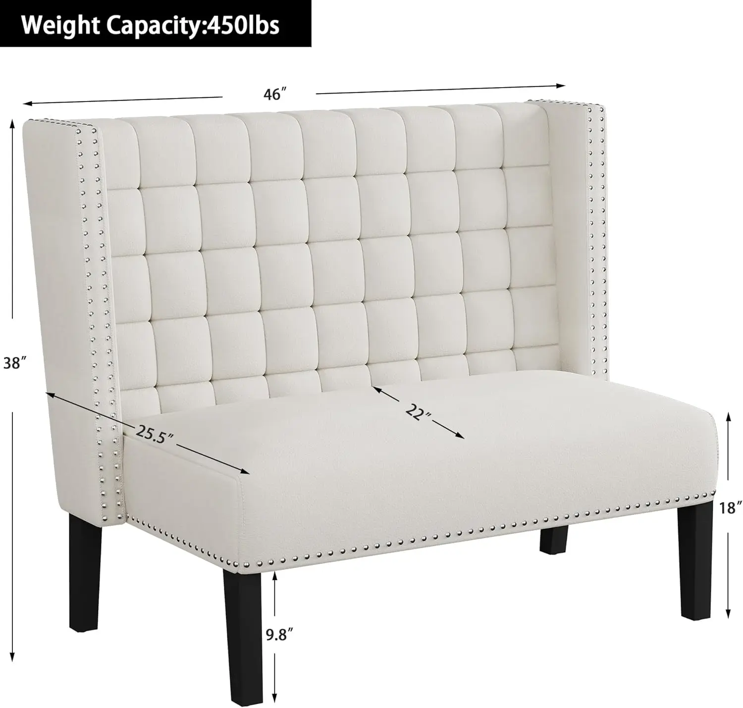 أريكة مقعد أريكة حديثة بمقعدين، مقعد طعام منجد مع ظهر، أبيض