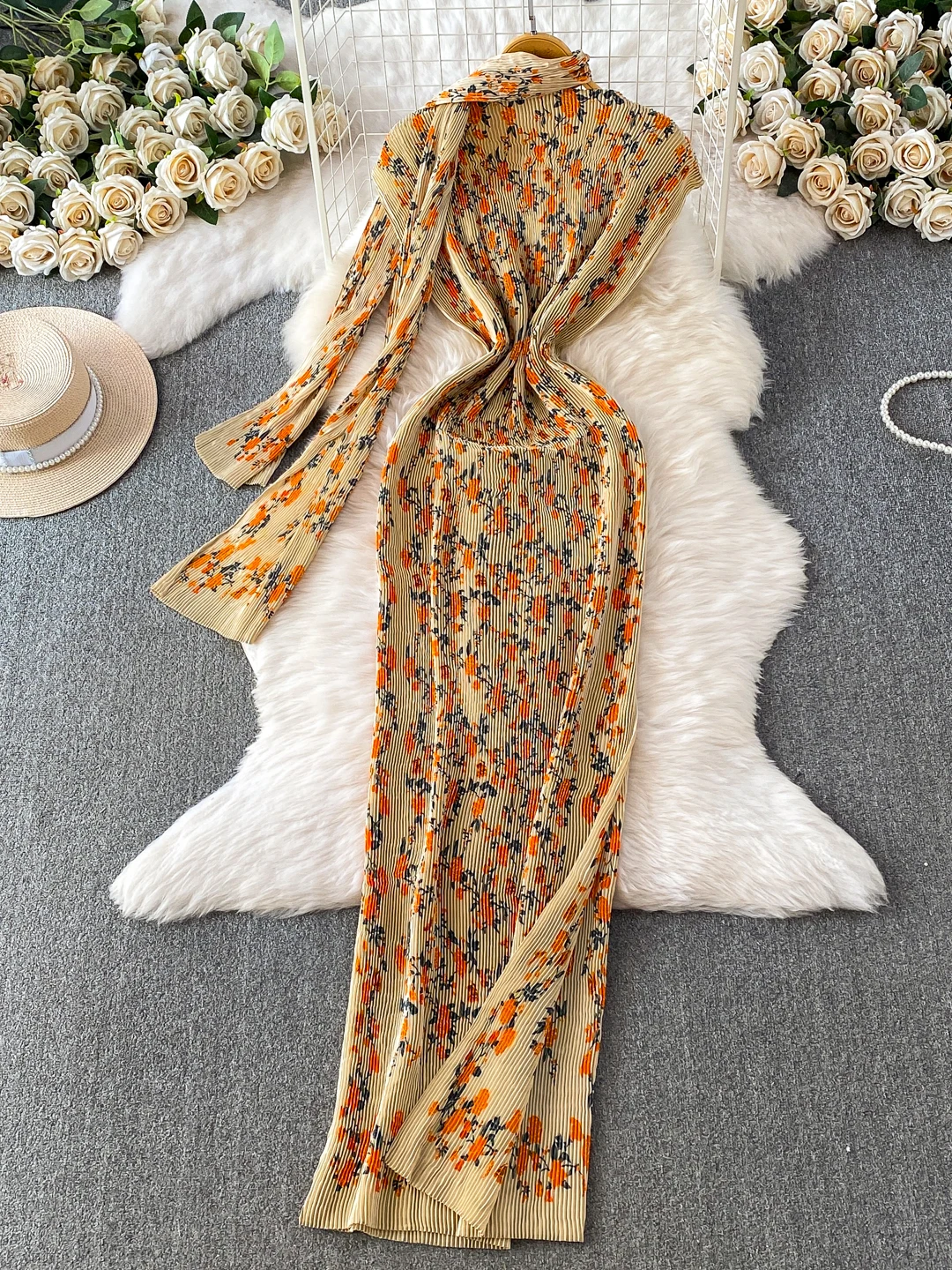 Elegant Vintage round Neck Gown Women's High Waist Printed Asymmetrical One Step Skirt Soft Fabric Commute Style Spring Autumn