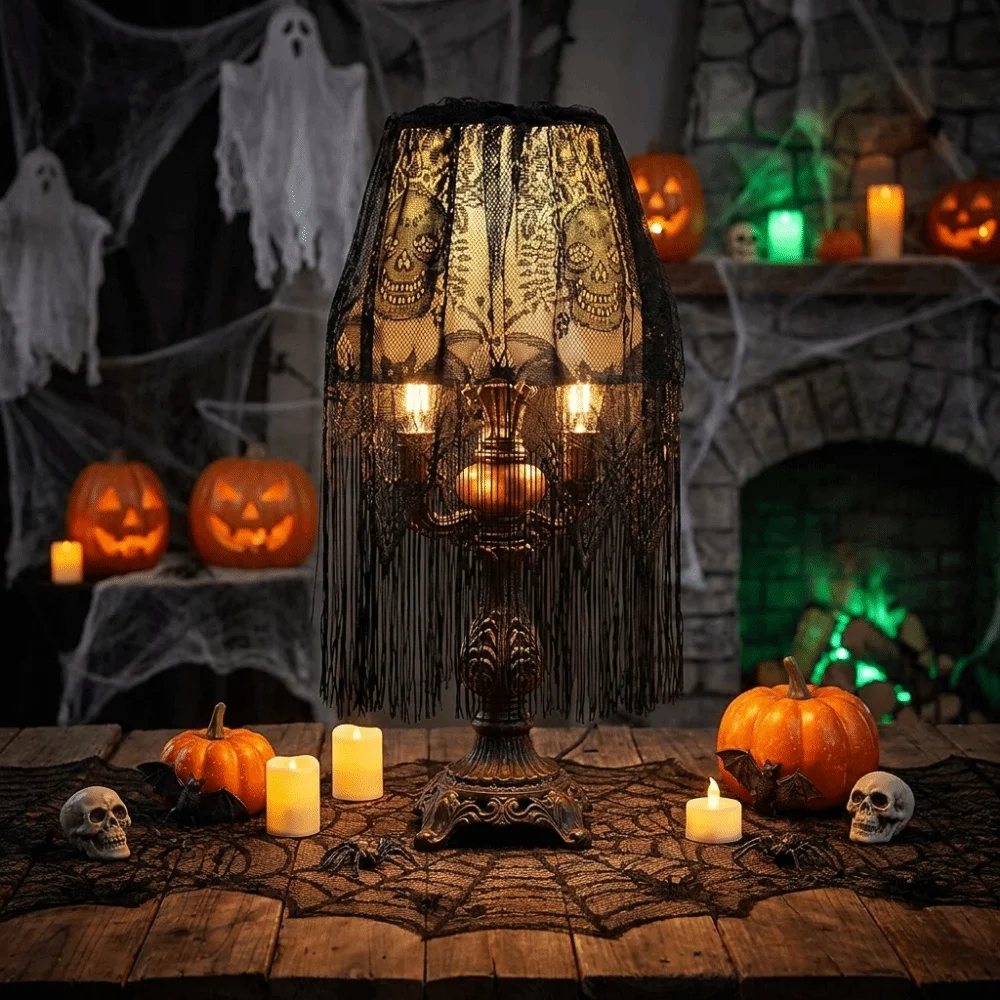Gothic Style Lace Bat Skeleton Head Lampshade Decorative Scary Spider Web Lamp Shade Cover Black Halloween Coffee Curtain