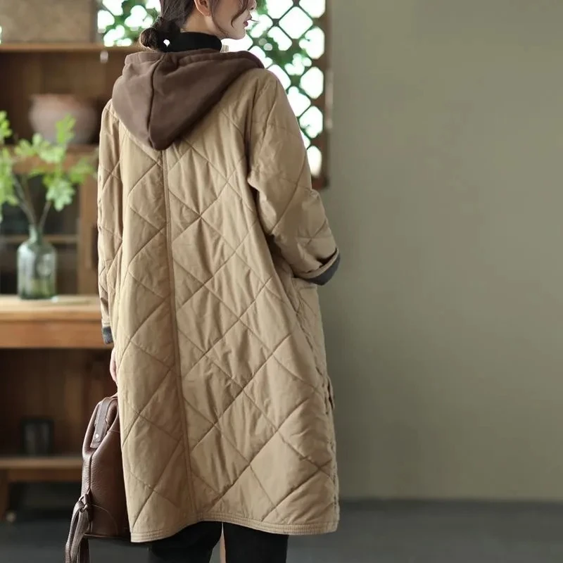 ฤดูหนาววรรณกรรมใหม่และศิลปะขนาดใหญ่ Lingge Hooded เสื้อแจ็คเก็ตผ้าฝ้ายผู้หญิงหลวมผ่อนคลายความยาวปานกลางแจ็คเก็ตผ้าฝ้ายหญิง Parka