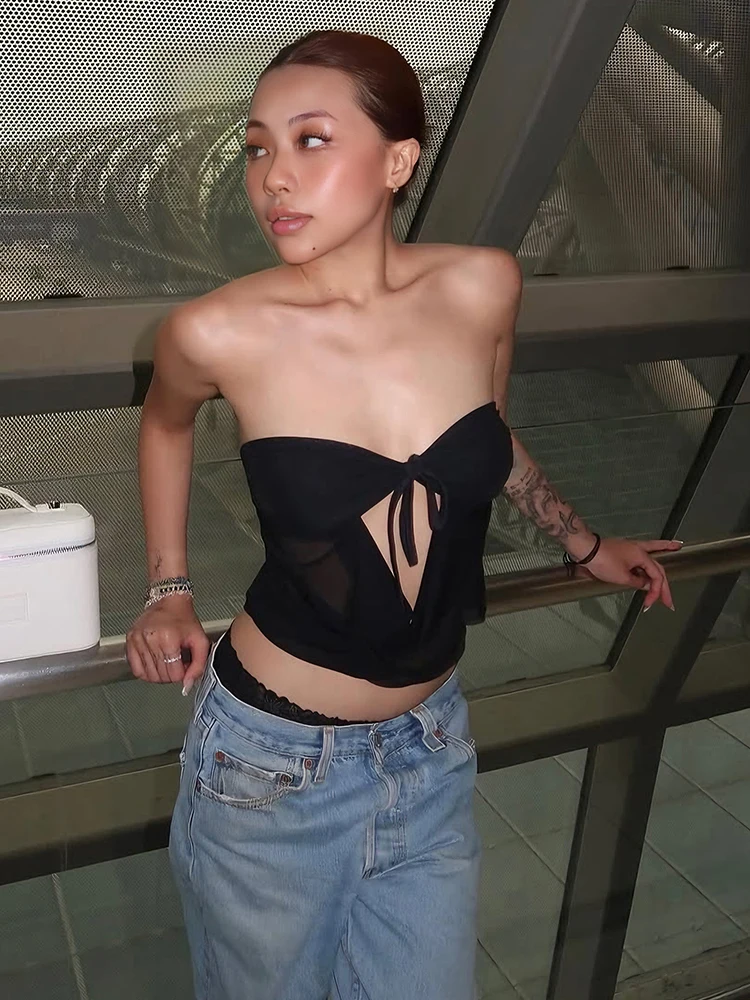 

Sisterlinda Sexy Hottie Chic Tank Tops Women Bandage Hollow Patchwork Low-Neck Folds Midnight Hottie Music Festival Streetwear
