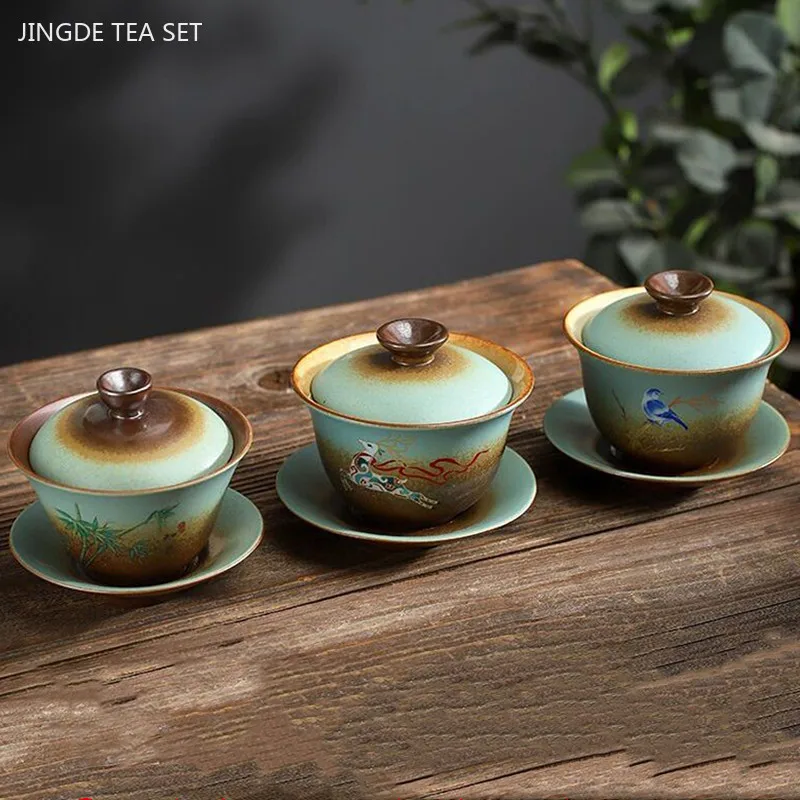 170ml Antique Ceramic Gaiwan Hand-made Portable Tea Infuser Chinese Tea Cup Traditional Tea Accessories Home Beauty Tea Bowl