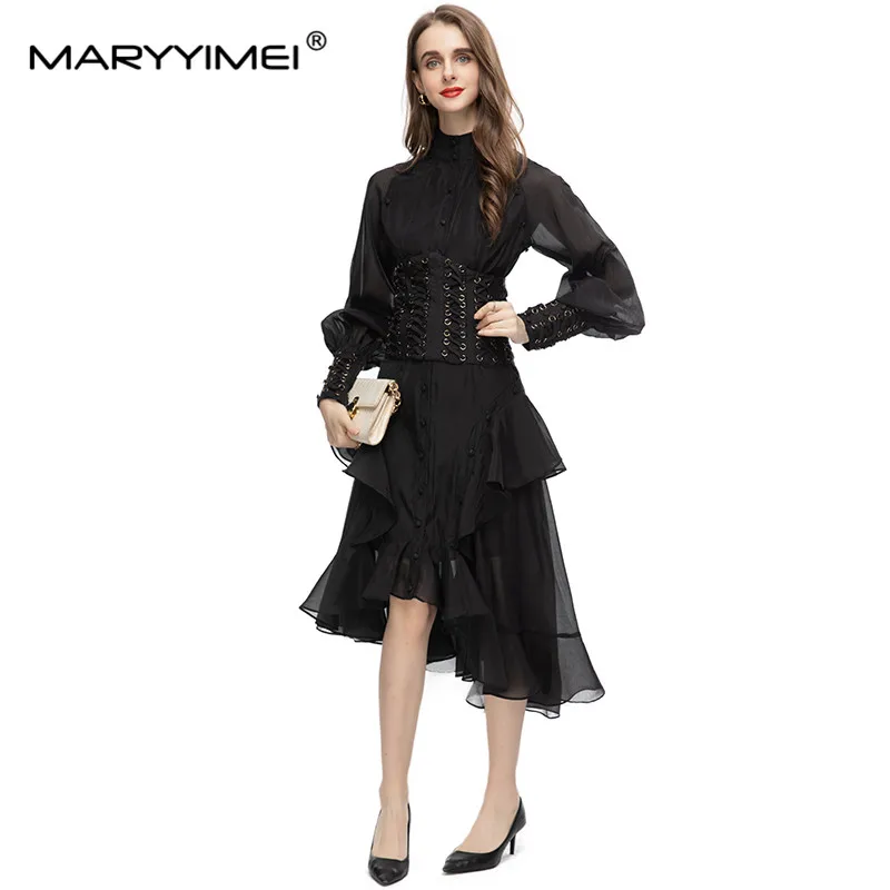 MARYYIMEI Fashion Designer Women's dress Standing collar Lantern Sleeve Ruffles Asymmetrical Bodycone Draw String Dresses