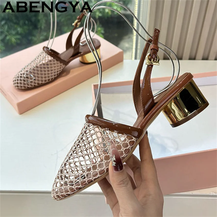 

ABENGYA Fishing Mesh Hollow Chunky Heels Sandals Women Round Toe Mid Heels Sandals Summer Casual Beach Party Shoes Women