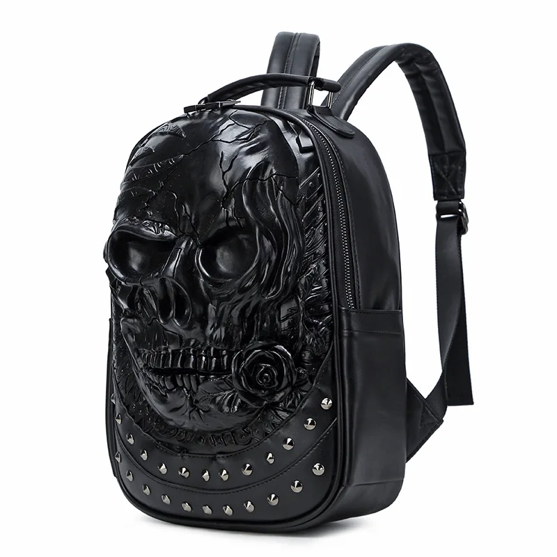 2024 PU Leather Harajuku Black Skull Backpack 3D Aesthetic Rivet Trendy Travel Backpack for Men and Women