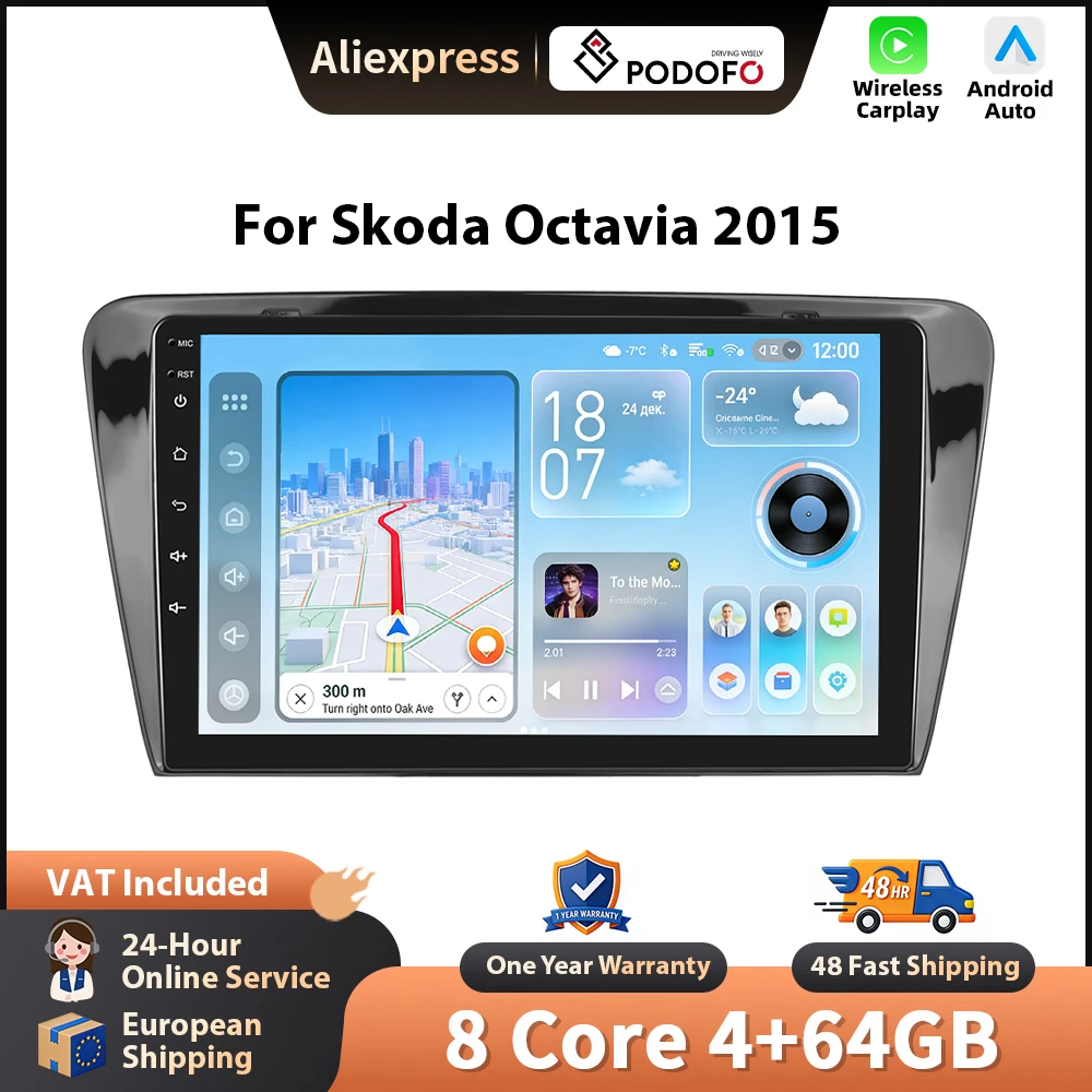 Podofo 10'' Auto-Autoradio für Skoda Octavia 2015, kabelloses CarPlay, Android Auto-Multimedia-Stereo, WIFI, GPS-Navigation, FM/RDS, BT, 2-DIN-Headunit, HD-EQ, Touchscreen, Mirrorlink, Wifi,
