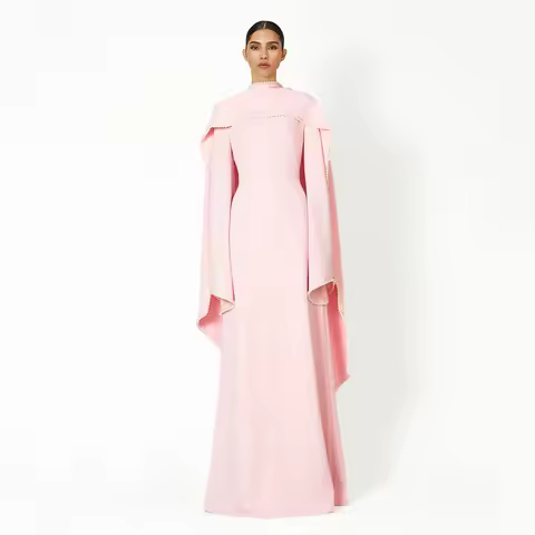 Customized Saudi Arabian Evening Dress Pink Long Sleeve O Neck Modest Evening Gowns for Women Pearl Shawl Modern Formal Dresses