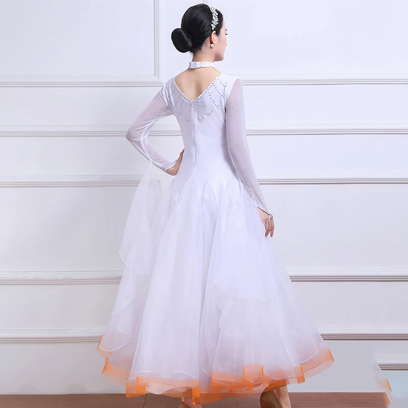 Standard Dance Dress Competition Strap Ladies Banquet Dress Long Sleeve Rhinestone Large Skirt Decal Flamenco Skirt White
