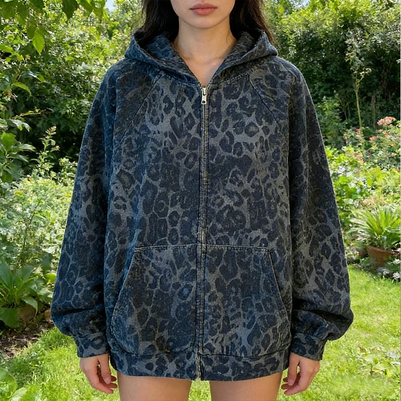 

Осенне-зимние свободные повседневные худи с длинным рукавом в стиле Y2K, готика, винтаж, гранж, с принтом леопарда, для E-Girls, уличная мода