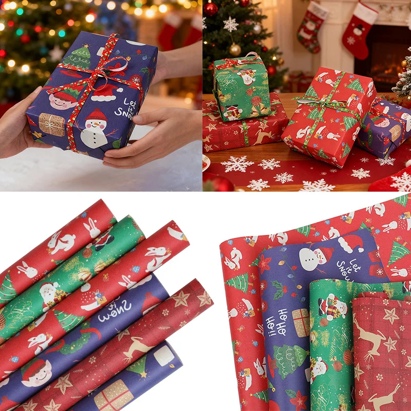

10m/roll Kraft Christmas Wrapping Paper Cartoon Santa Claus Elk Gift Box Packaging Material New Year Xmas Party DIY Decoration
