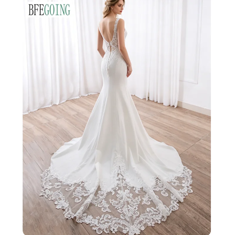 Mermaid /Trumpet Crepe Chiffon Lace Wedding Dresses Chapel Train Customized Floor-Length V-Neck Bridal Gowns
