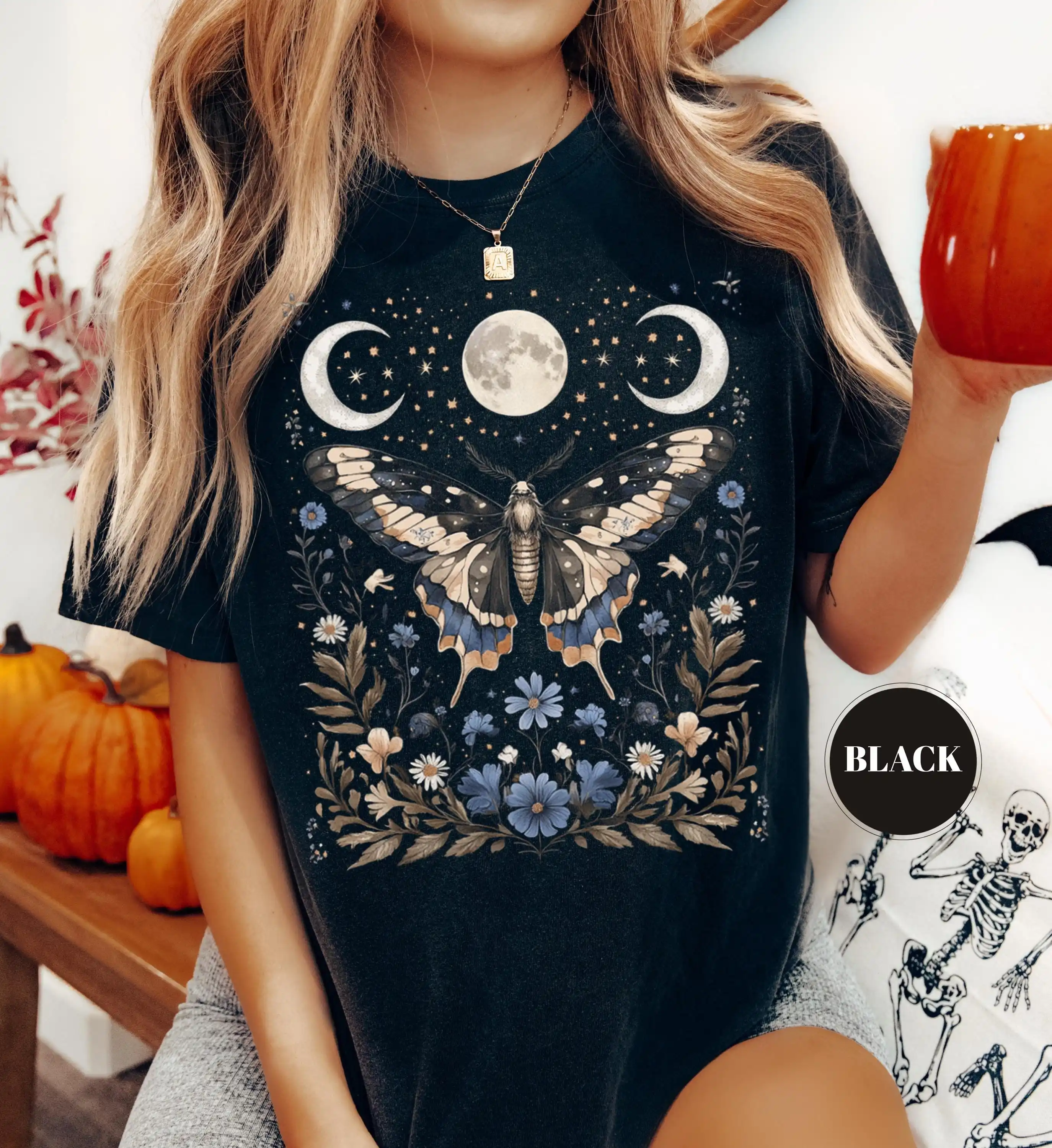 Boho Moon Phase Butterfly T-Shirt, Celestial Moth Tshirt, Mystical Wildflower Tee, Witchy, Cottagecore Dark Academia Goblincore