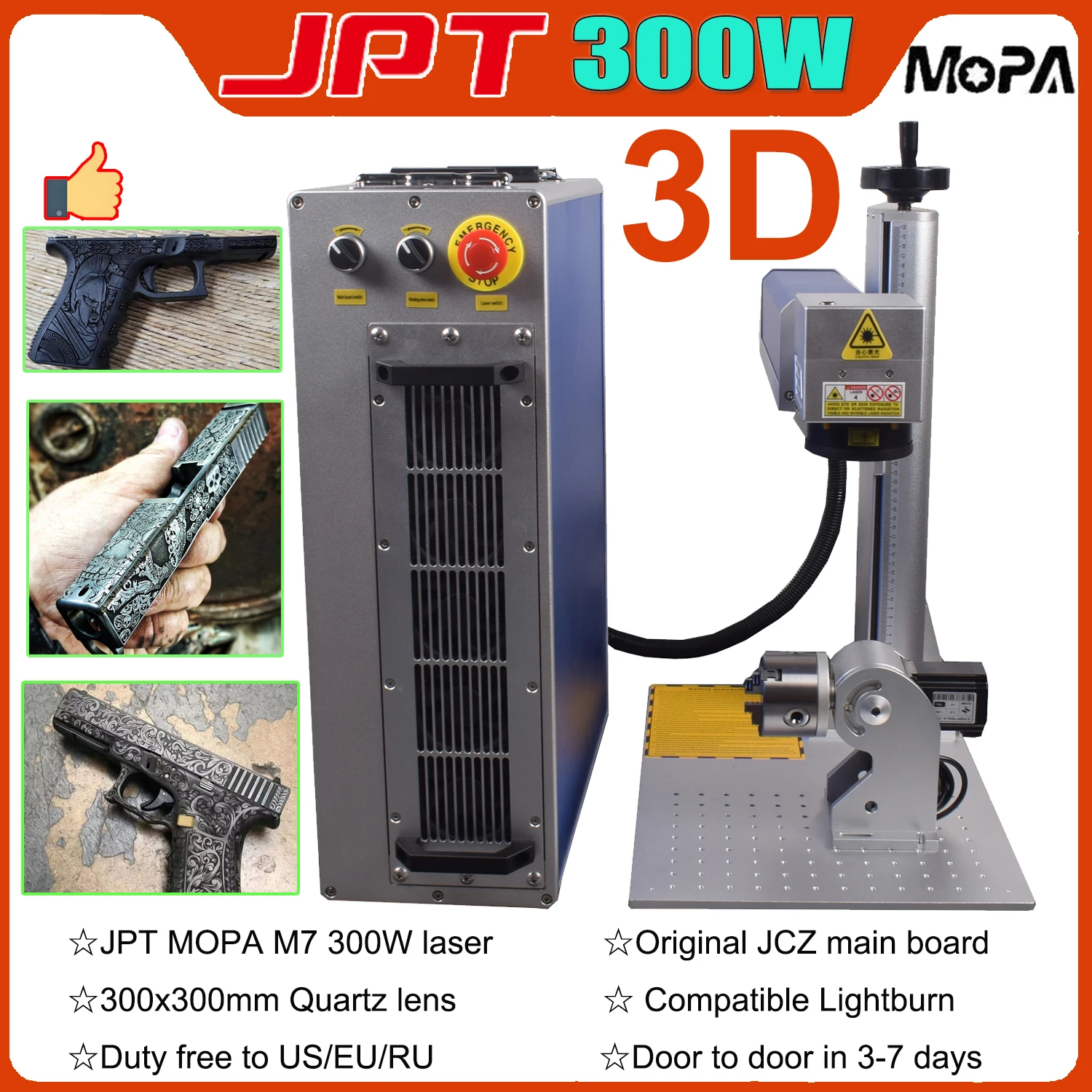 EU 3D 300W JPT Mopa Fibra di Metallo Legno Macchina per marcatura laser Supporto Lightburn Raffreddato ad acqua Macchina per incisione laser a rilievo profondo