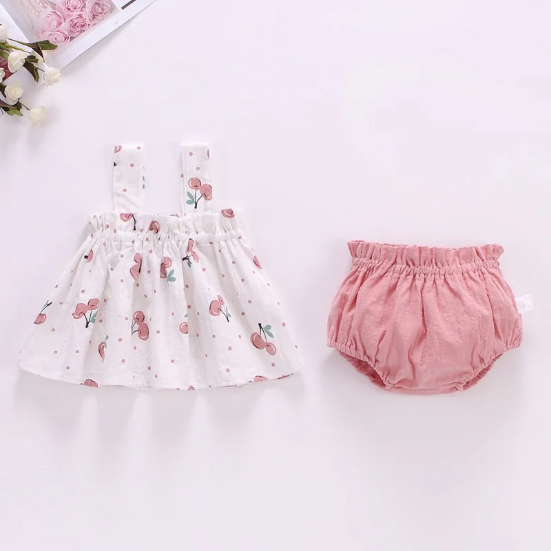 Summer Baby Girls Clothing Sets Cute Cherry Print Halter Dress+Short Baby Sweet Outdoor Breathable Absorbent Suit Outfits 3-18M