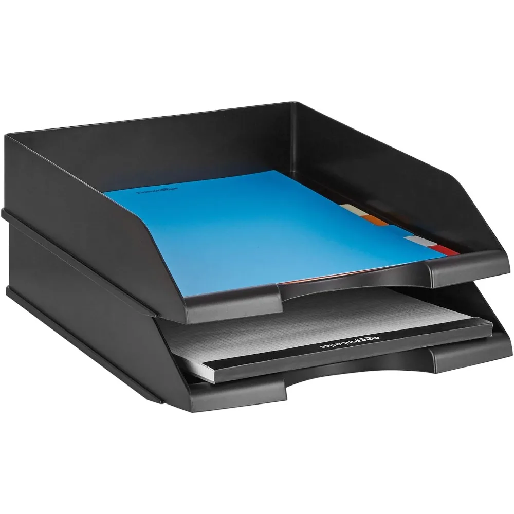 Stackable Desk Organizer Letter Tray 2-Pack - Durable PS Plastic, Space-Saving File Storage for Office, Black