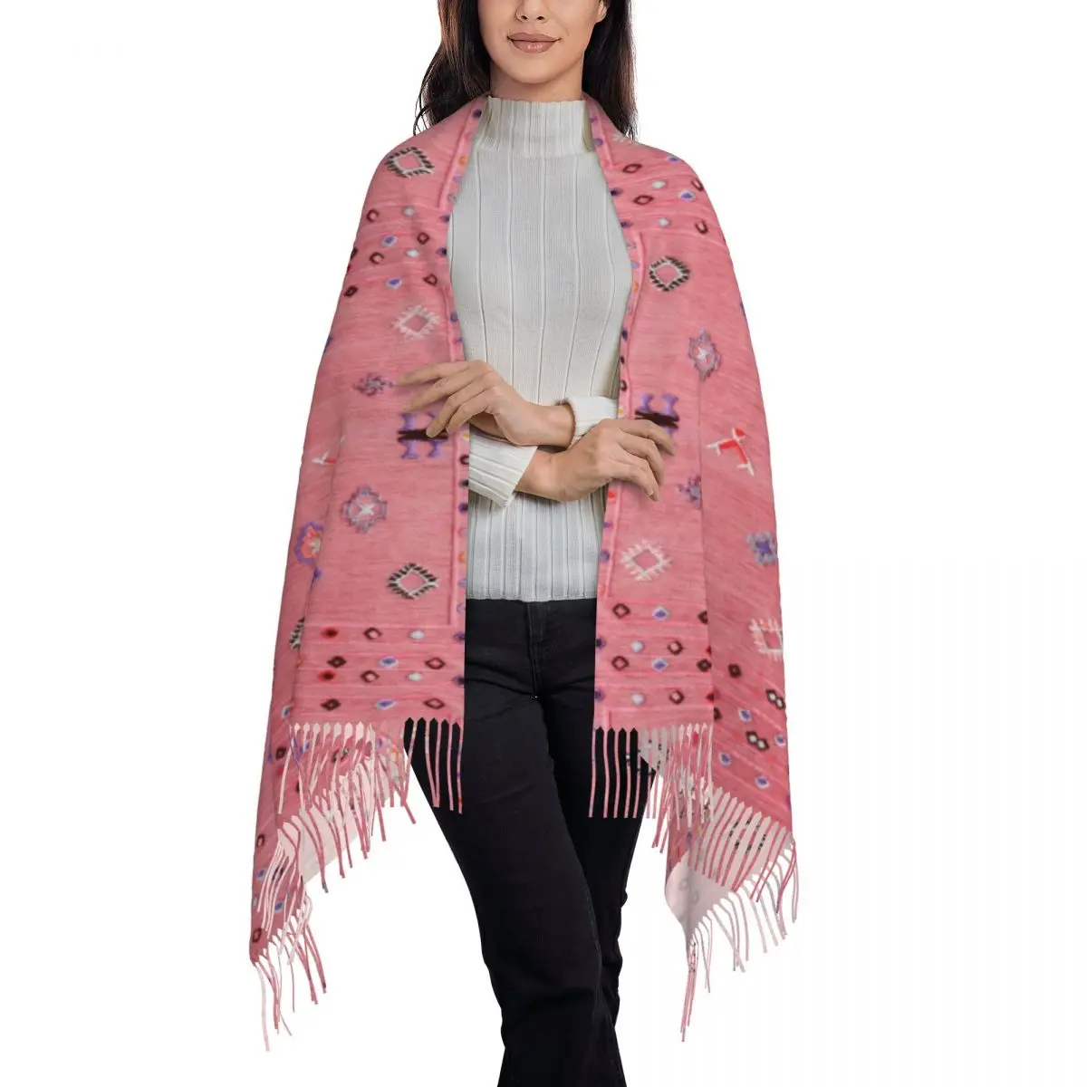 Pink Oriental Traditional Moroccan Style Scarf Tassel Scarves Women Soft Warm Shawls and Wraps Long Fall Winter Shawl Wrap