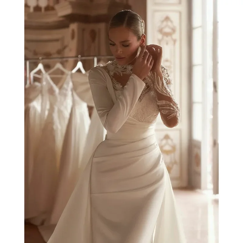 2025 Abiti da sposa a sirena di lusso a maniche lunghe Illusion Brides Abito da sposa Paillettes Fiore 3D Abito da sposa da donna Customizd