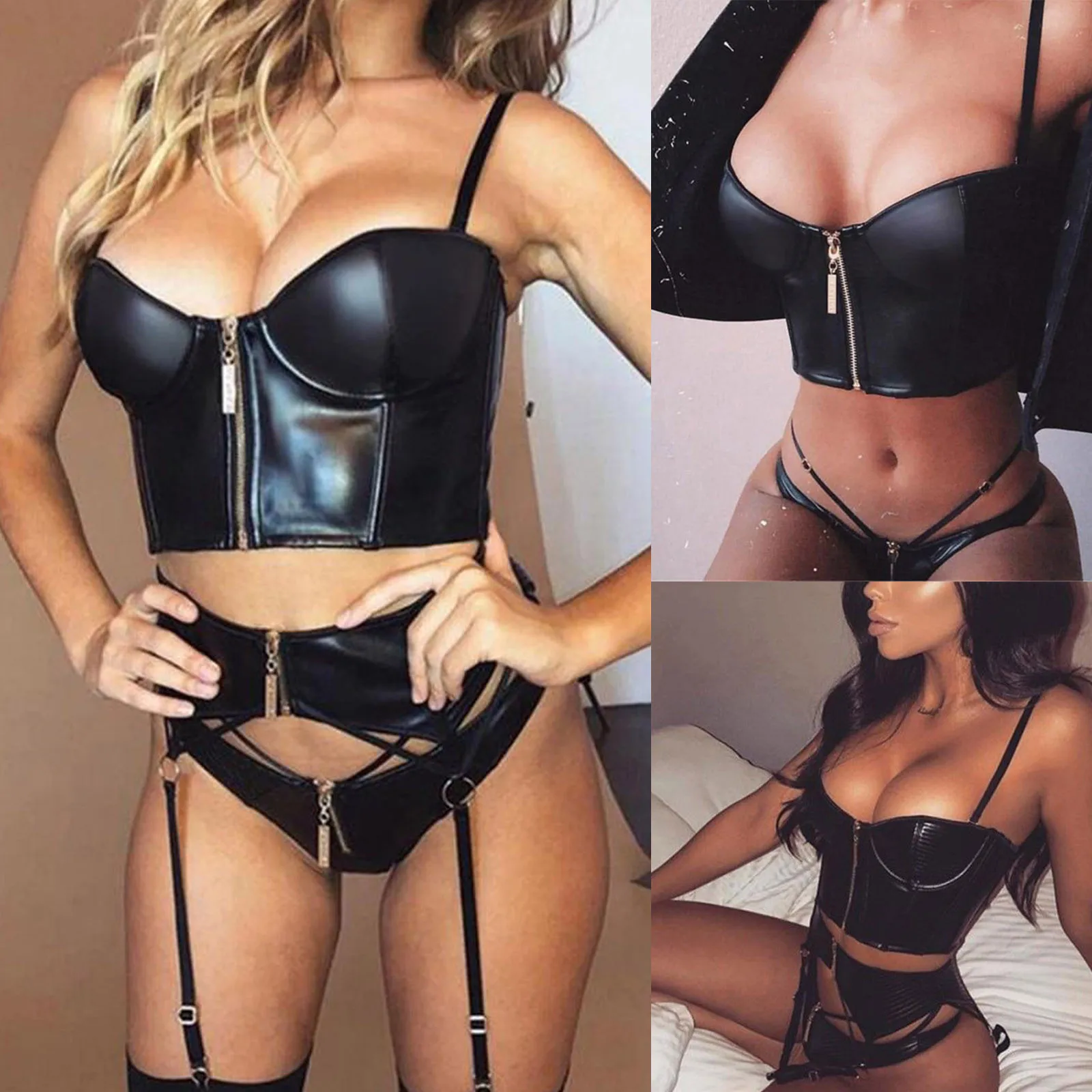 Sexy Women Lingerie Underwear Sleepwear Sexy Costume Night Gown Pu Leather Garter Lingerie 3 Piece Set Erotic Clothing