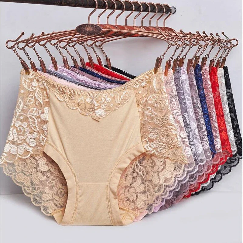 Women\'s Cotton Underwear Panties Sexy Lace Mid-Waist Hollow Female Briefs Hip Lift Underpants for Lady Plus Size Lingerie 3xl