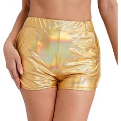 Womens Metallic Shiny Jazz Dance Booty Shorts Elastic Waist Side Pockets Shorts Hot Pants Raves Disco Party Festival Clubwear