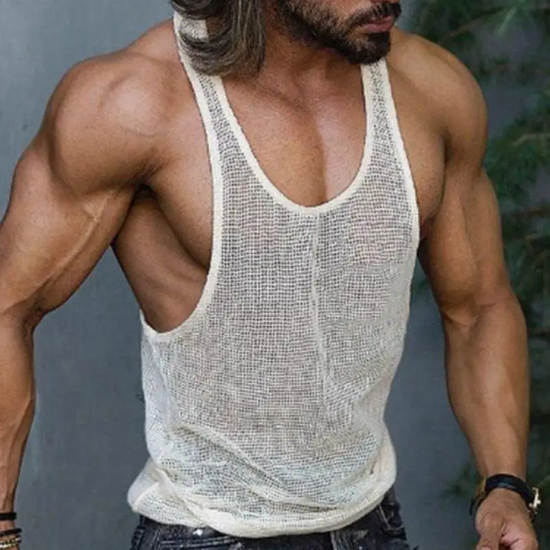 2025 Summer New Men's Loose Sports Tank Top Knitted Base Shirt Straight Hemline Youth Casual Thin European Style Pure Color