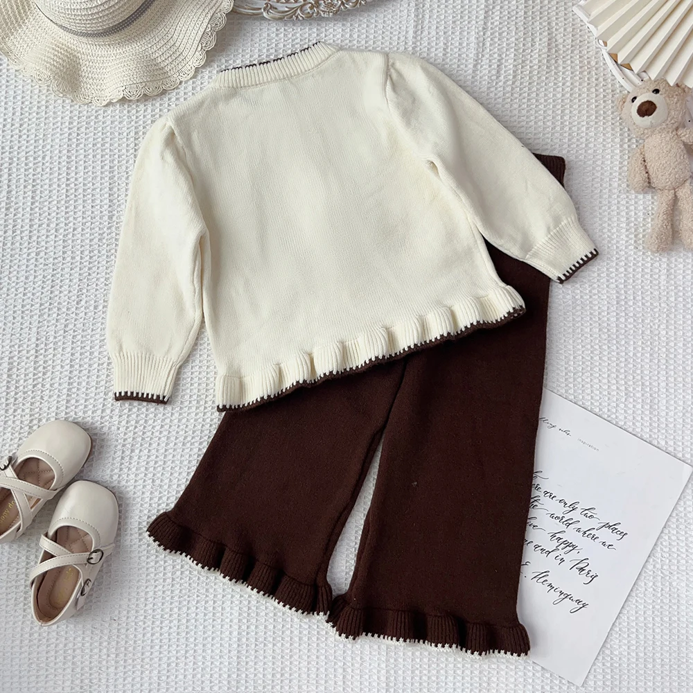 Autumn and Winter Sweater Girl Outfits Long Sleeved Spliced Knitted Cardigan + Brown Pants Daily Children's Two-piece Set