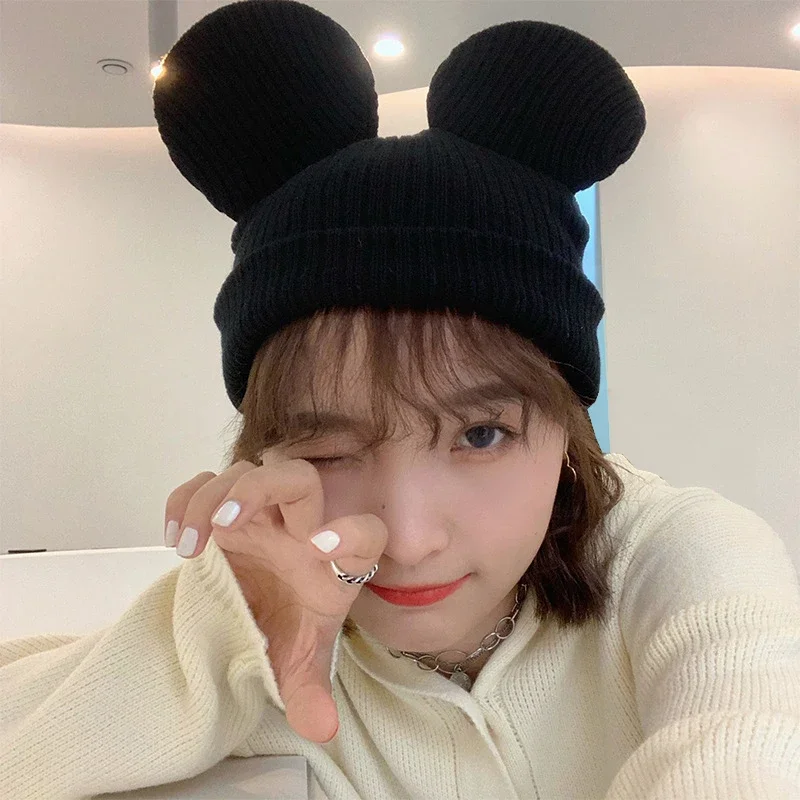 Cute Disney Big Ears Mickey Mouse Warm Bonnet Hats Women Cartoon Minnie Knitted Cap Girl Fashion Kids Casual Adult Children Gift