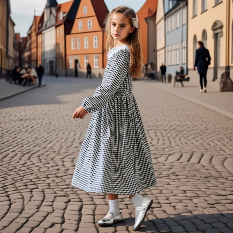 

Girls Plaid Dress Spring 2025 Fashion Retro Lace Neck Teen School Children Pricess Dresses Casual Daily Kids Clothes 10 12 Years