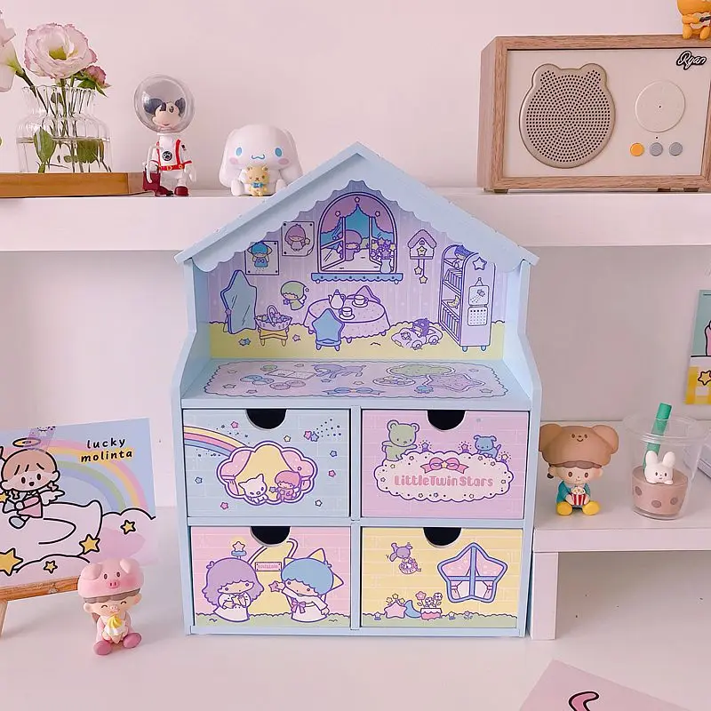 2024 New Sanrio My Melody Storage Box Cartoon Kawaii Girl Heart House Shape LittleTwinStars Drawer Display Stand Wooden Lockers