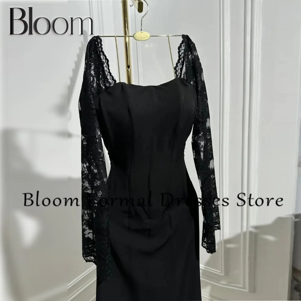 Bloom Square Neck Long Sleeves Solid Black Zipper Back Floor Length sheath Classic Celebrity Evening Dress High Quality straps