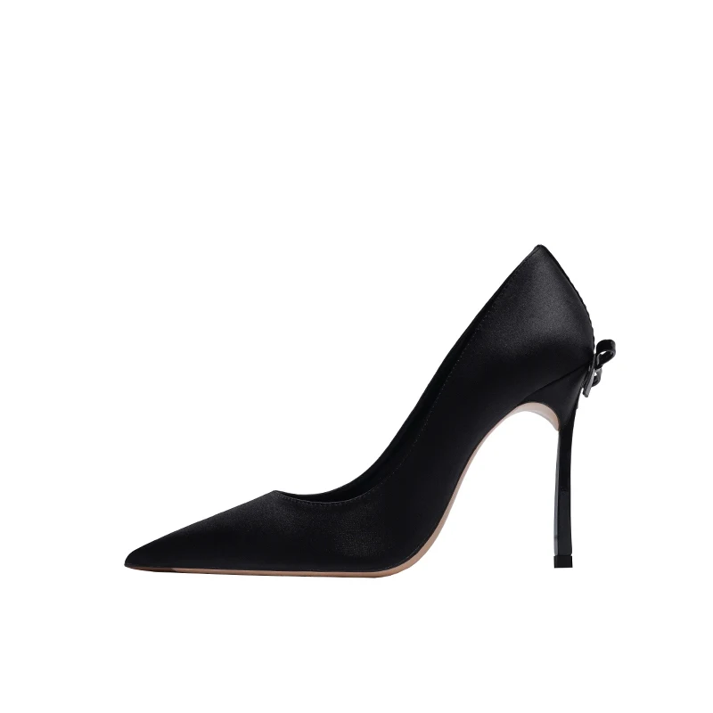 

Quality Silk High Heels with Bowtie Women Champagne Wedding Shoes Sexy Black Party Dress Pumps with Metal Heel Spring Autumn