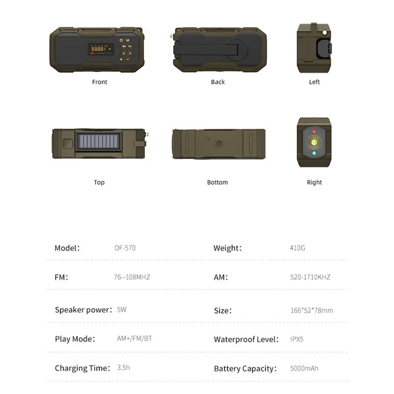 Weerradio's voor noodgevallen Handslinger Zonne-Bluetooth-luidspreker Draagbare AM FM-radio 5000mAh Werkt op batterijen Waterdicht Gemakkelijk te gebruiken