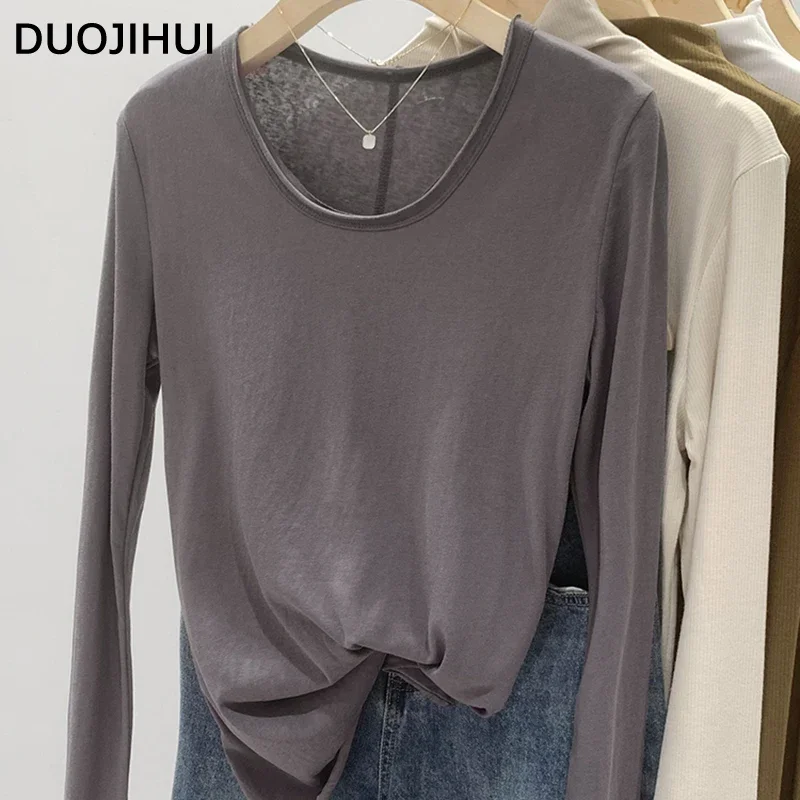 DUOJIHUI Pink Soft Slim Sweet Long Sleeves Female T-shirts Autumn Solid Color Basic O-neck Simple Casual Fashion Women T-shirts