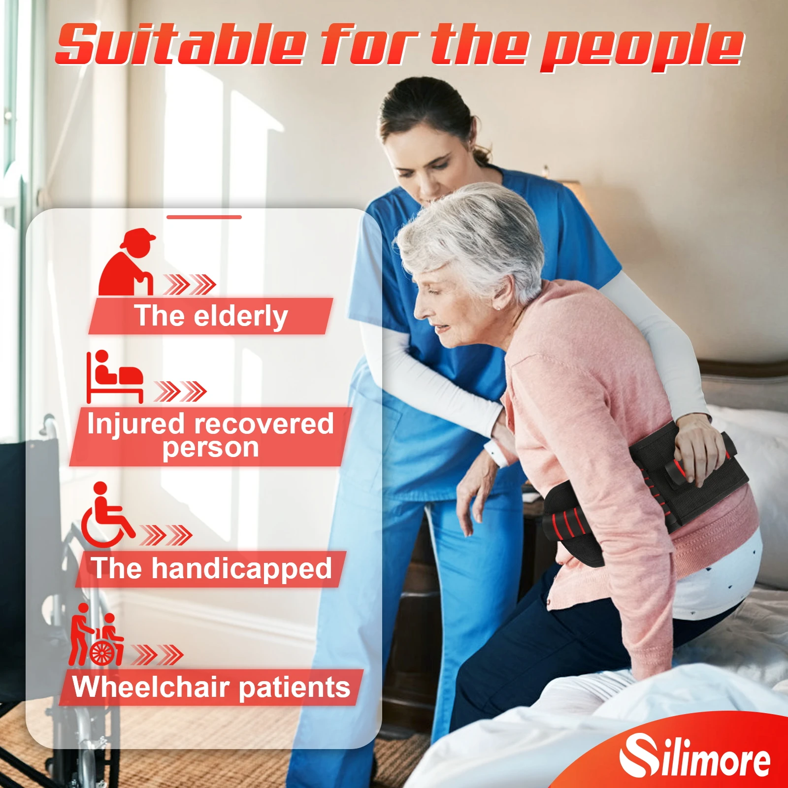 حزام Gait لكبار السن، حزام نقل سريع الفك، حزام Gait أحمر عريض، مقابض مبطنة، حزام رفع المشي