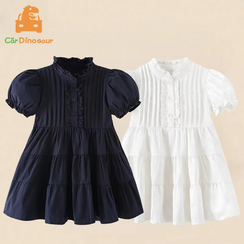 2026 Summer New 3 4 5 6 8 10 12 Years Children Lantern Short Sleeve Solid Color Cotton Ball Gown Princess Kids Baby Girl Dress