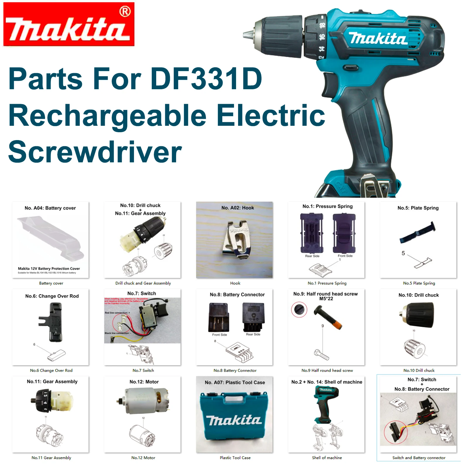 

Запчасти Makita, монтажная пластина шестерни двигателя, пружинный корпус, сменный переключатель стержня для перезаряжаемой отвертки Makita DF331D