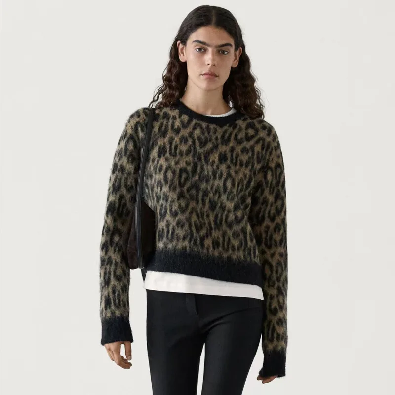 

Leopard Print Knit Cardigan Women's Slim O-Neck Long Sleeve Casual Color Block Sweater Fashion Button Cardigan Top Y2k Clothes