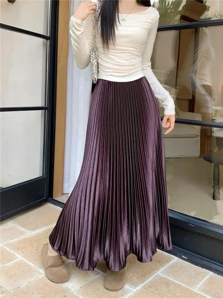 กระโปรงทรงเอพลีทเอวสูงสีดำเบจสำหรับผู้หญิงสไตล์วินเทจ สีม่วงสำหรับฤดูใบไม้ร่วง เหมาะสำหรับงานปาร์ตี้ กระโปรงยาวอเนกประสงค์ สตรีทแวร์ ทันสมัย