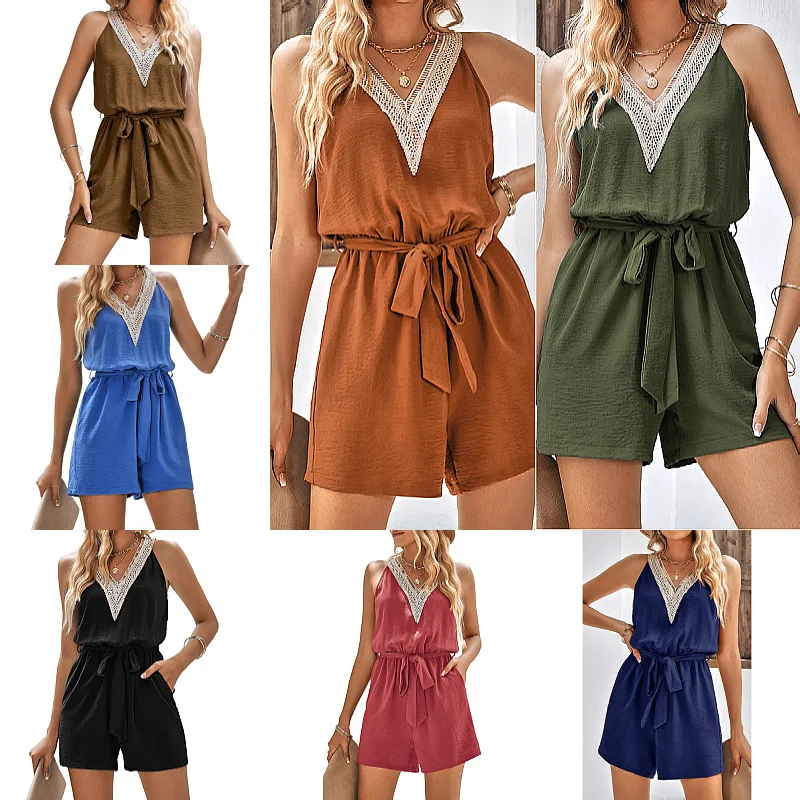 Women Summer Lace Patchwork Playsuit Casual V Neck Sleeveless Lace Up Office Lady Vacation Rompers Streetwear OL Shorts Jumpsuit