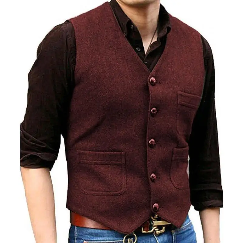 

Mens Formal Suit Vests 3 Pockets V Neck Herringbone Tweed Casual Business Waistcoat Groomsman Vest For Wedding Red/Green/Brown