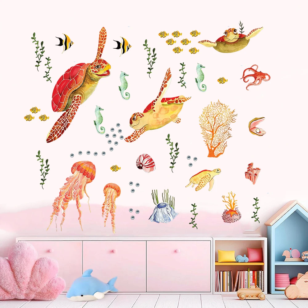 Large Under The Sea Fish Sea Turtle Wall Sticker Bathroom Bedroom Ocean Animals Grass Seed Coral Wall Decals Living Room