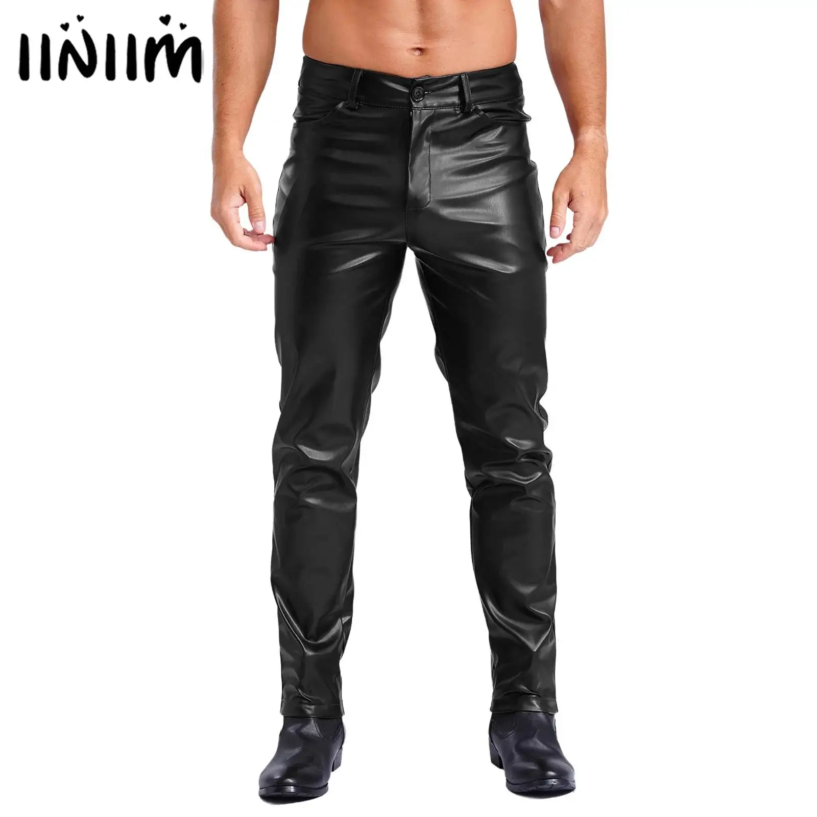 

Mens Faux Leather Pants Pockets Smooth Lining Straight Pants Tights Leggings Music Festivals Clubwear Rave Party Clothings